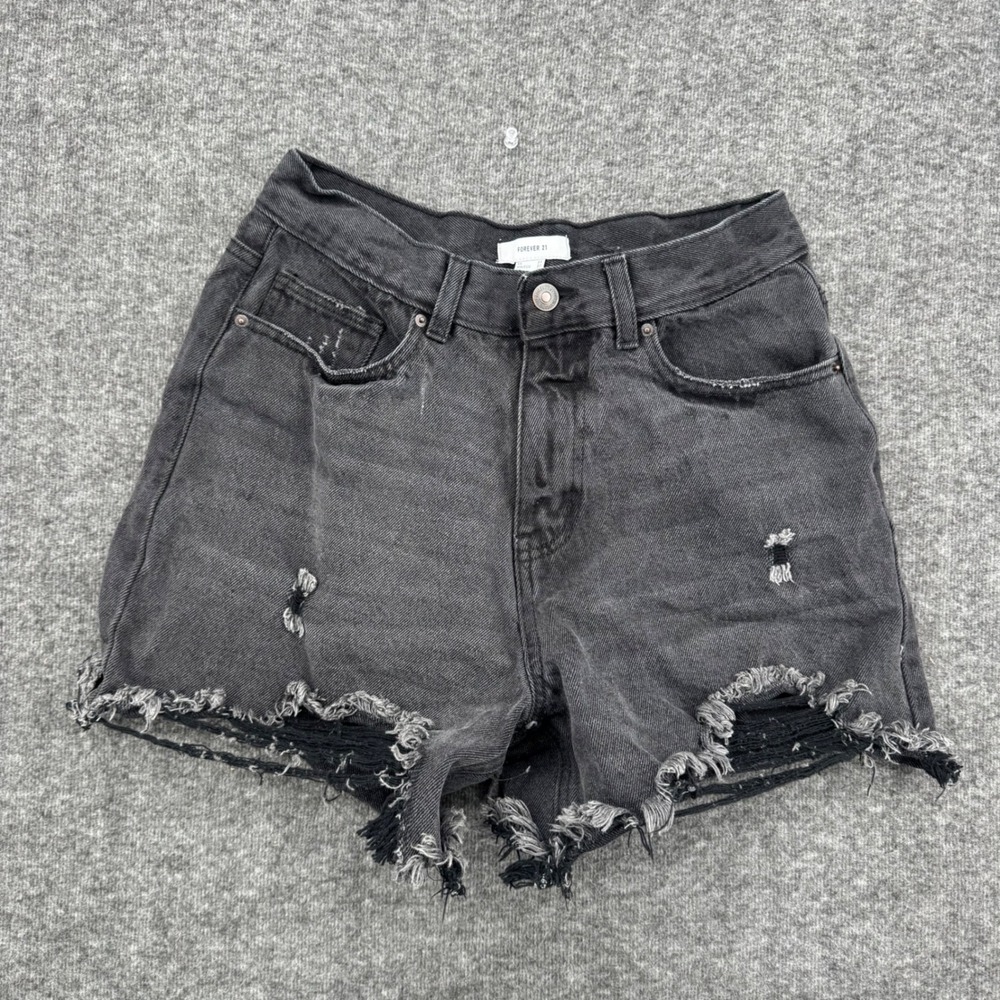 Forever 21 Womens Washed Black Distressed High Rise Denim Shorts Size 27 y2k